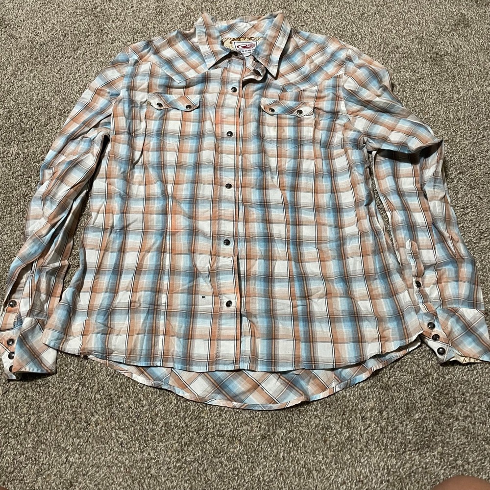 Roper Mens Plaid Western Shirt Long Sleeve Button Front Brown Blue Size L